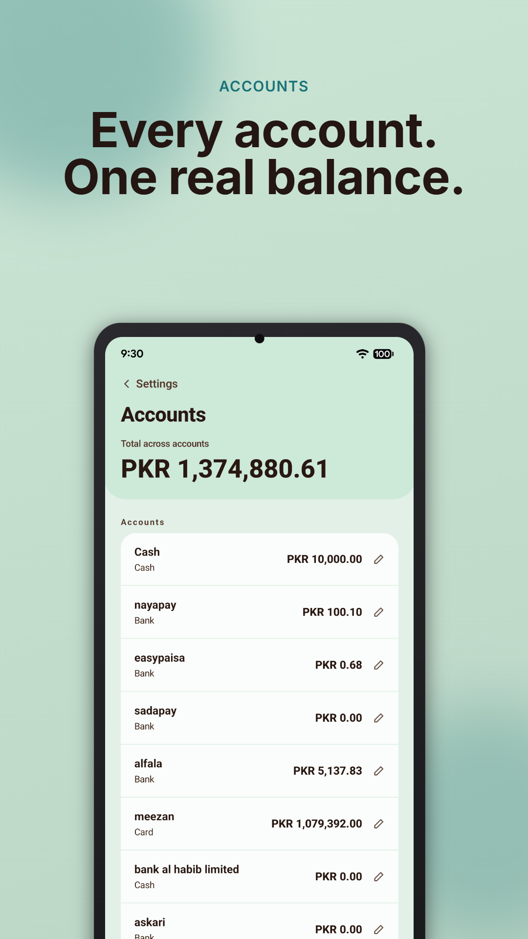 The accounts screen, showing cash and bank accounts with running balances