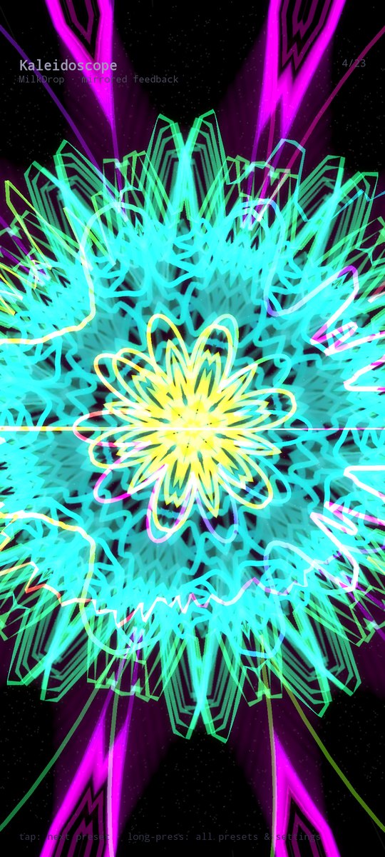 Kaleidoscope visualizer: a mirrored mandala blooming outward