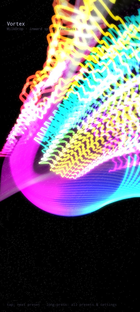 Vortex visualizer: neon spiral trails reacting to music